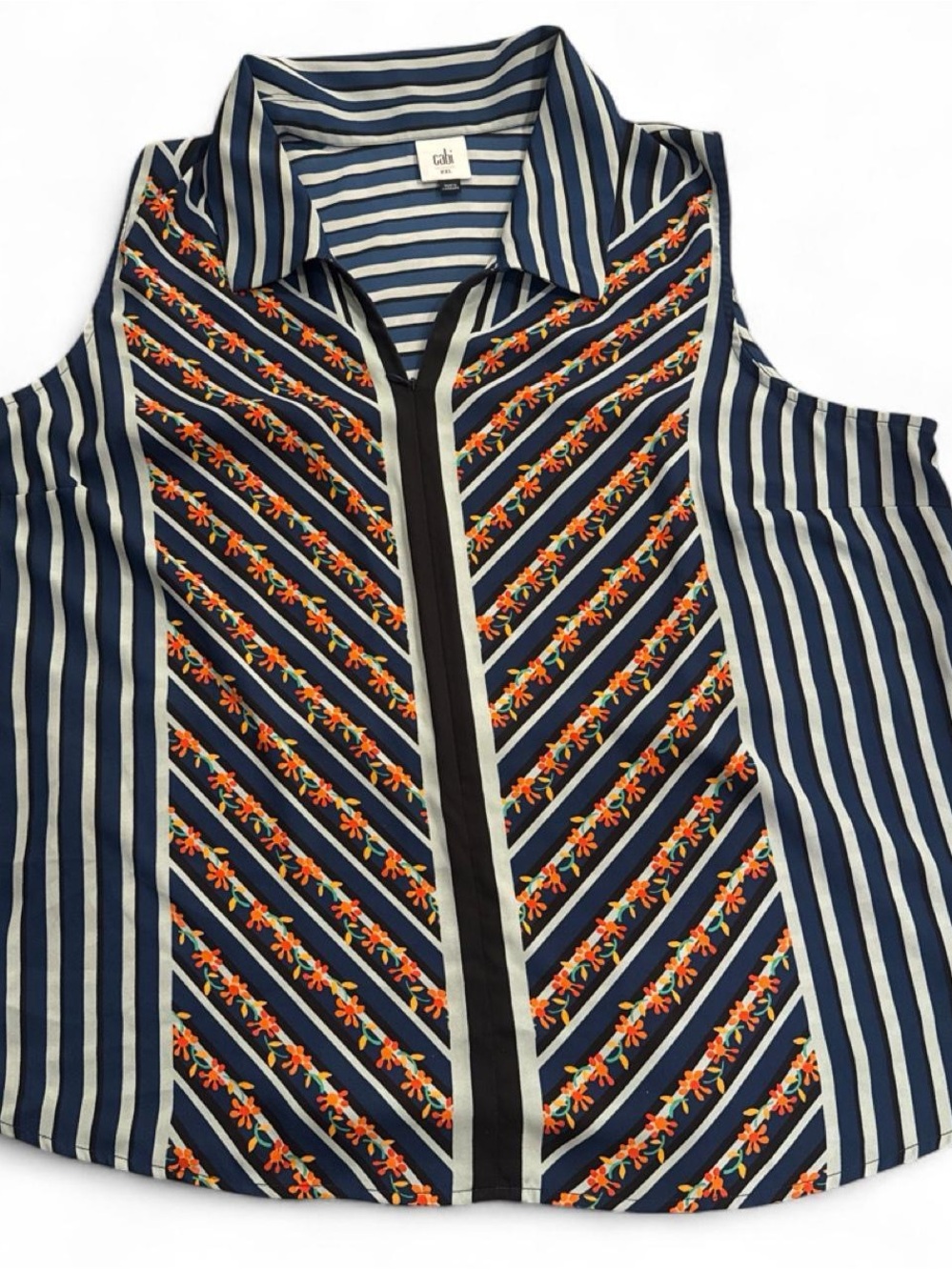 CAbi Navy and White Striped Sleeveless Polo with Orange Floral Trim